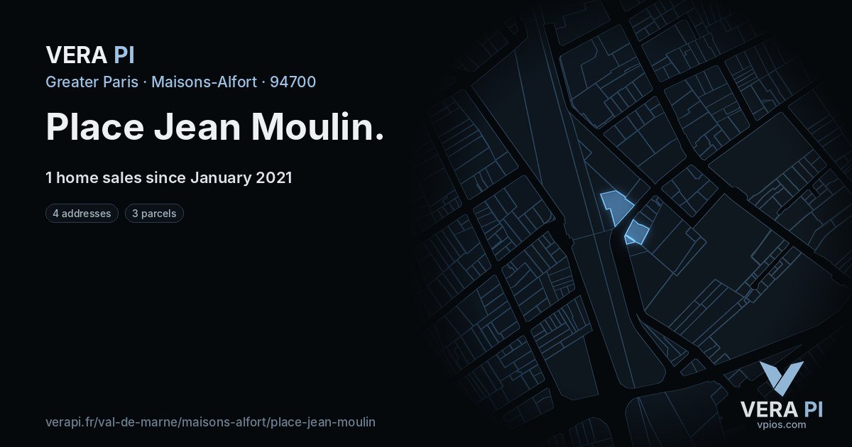 Place Jean Moulin, Maisons-Alfort at night – every parcel coloured by the prices around it, the street's own parcels lit