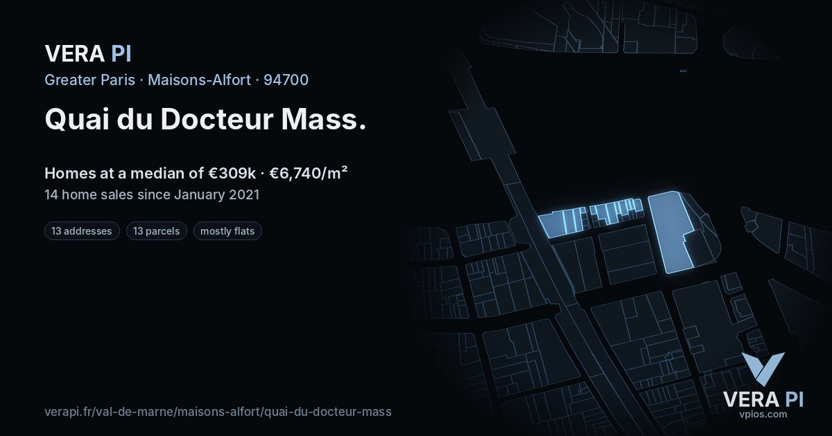 Quai du Docteur Mass, Maisons-Alfort at night – every parcel coloured by the prices around it, the street's own parcels lit