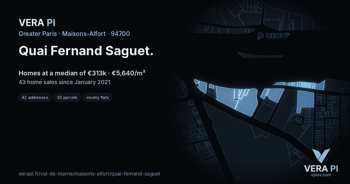 Quai Fernand Saguet, Maisons-Alfort at night – every parcel coloured by the prices around it, the street's own parcels lit