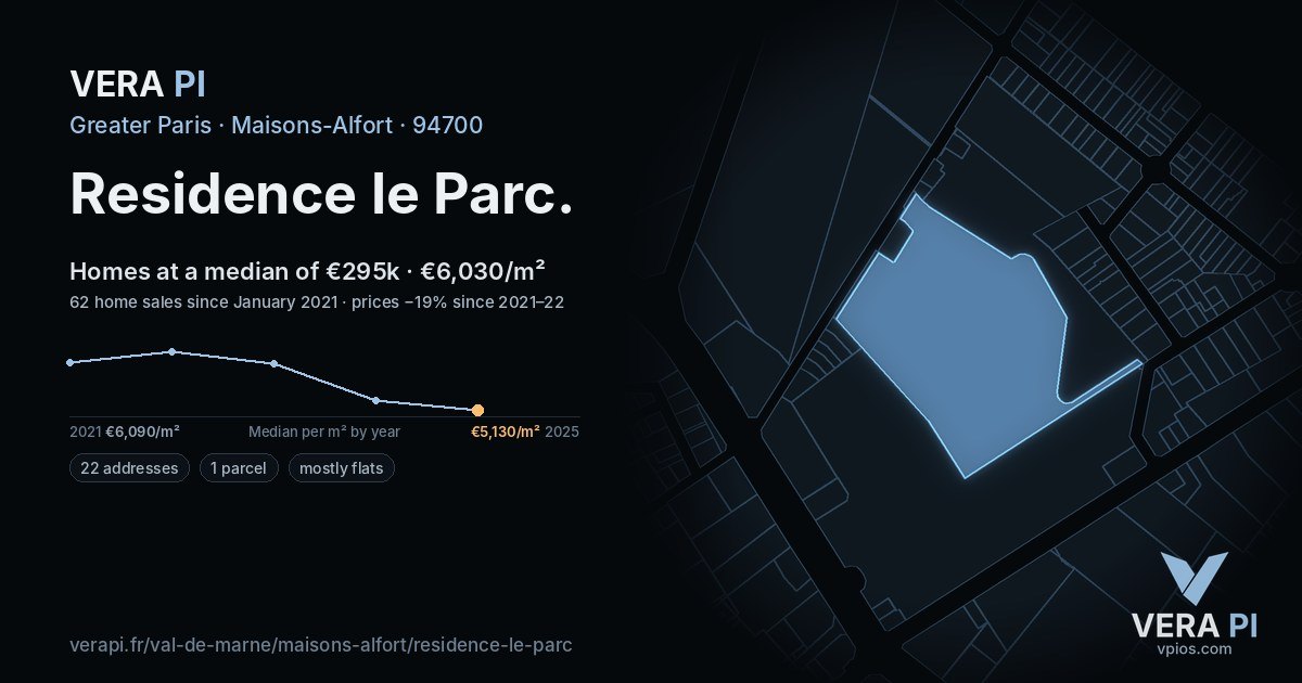 Residence le Parc, Maisons-Alfort at night – every parcel coloured by the prices around it, the street's own parcels lit
