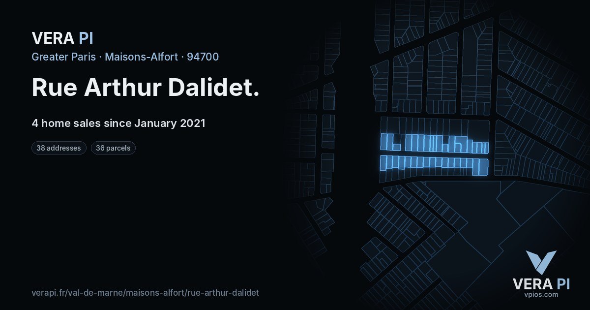 Rue Arthur Dalidet, Maisons-Alfort at night – every parcel coloured by the prices around it, the street's own parcels lit