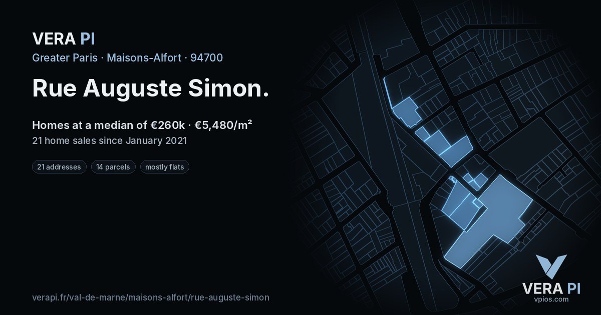 Rue Auguste Simon, Maisons-Alfort at night – every parcel coloured by the prices around it, the street's own parcels lit