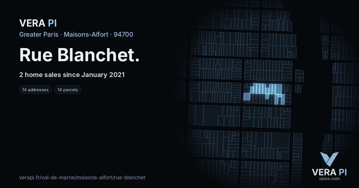 Rue Blanchet, Maisons-Alfort at night – every parcel coloured by the prices around it, the street's own parcels lit