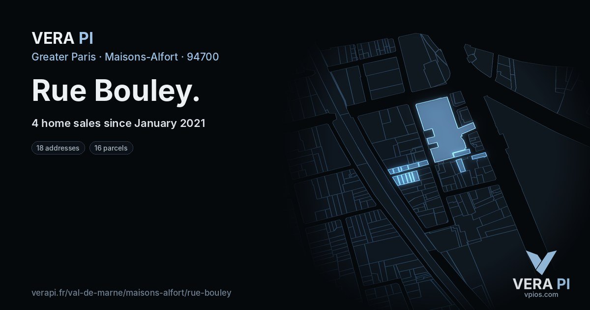 Rue Bouley, Maisons-Alfort at night – every parcel coloured by the prices around it, the street's own parcels lit