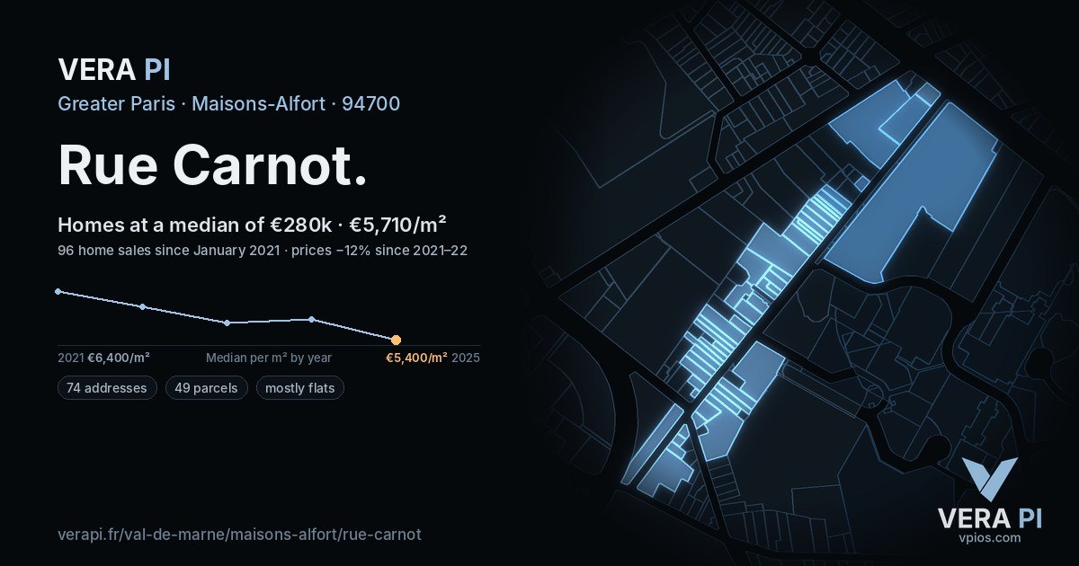 Rue Carnot, Maisons-Alfort at night – every parcel coloured by the prices around it, the street's own parcels lit