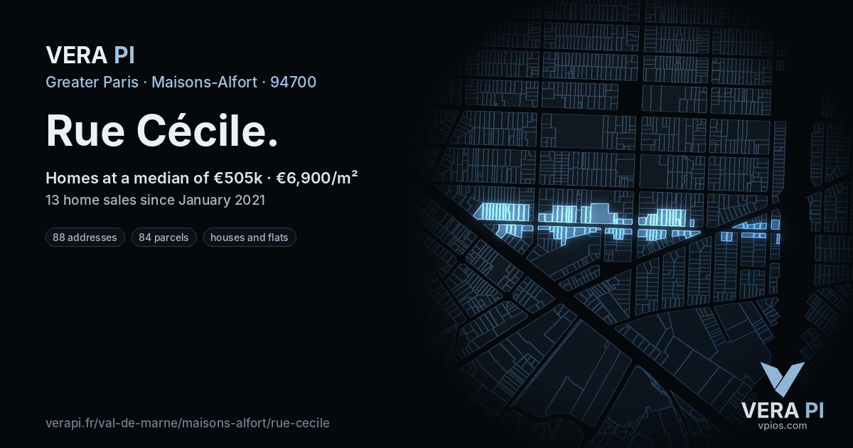 Rue Cécile, Maisons-Alfort at night – every parcel coloured by the prices around it, the street's own parcels lit