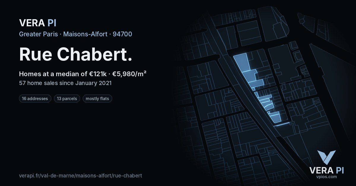 Rue Chabert, Maisons-Alfort at night – every parcel coloured by the prices around it, the street's own parcels lit