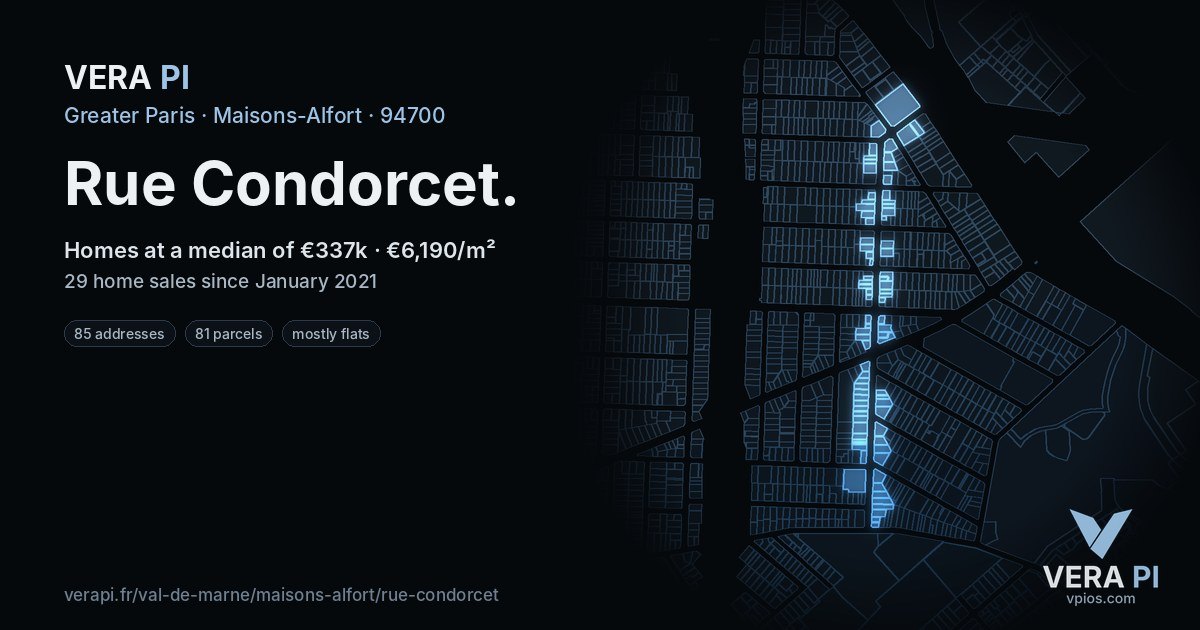 Rue Condorcet, Maisons-Alfort at night – every parcel coloured by the prices around it, the street's own parcels lit