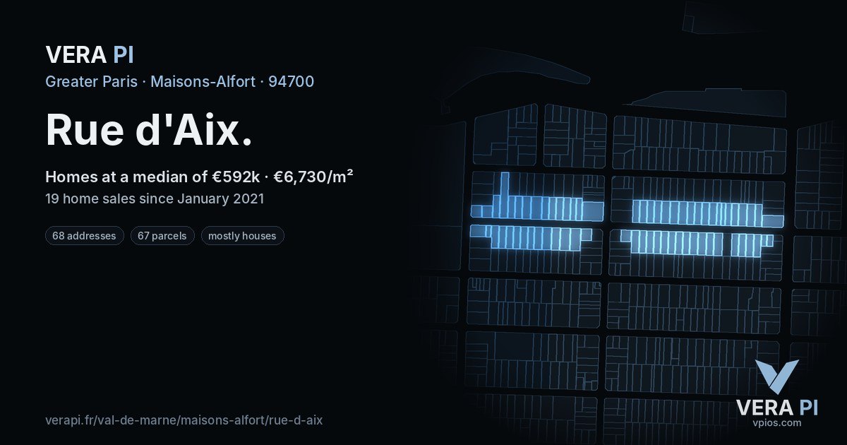 Rue d'Aix, Maisons-Alfort at night – every parcel coloured by the prices around it, the street's own parcels lit