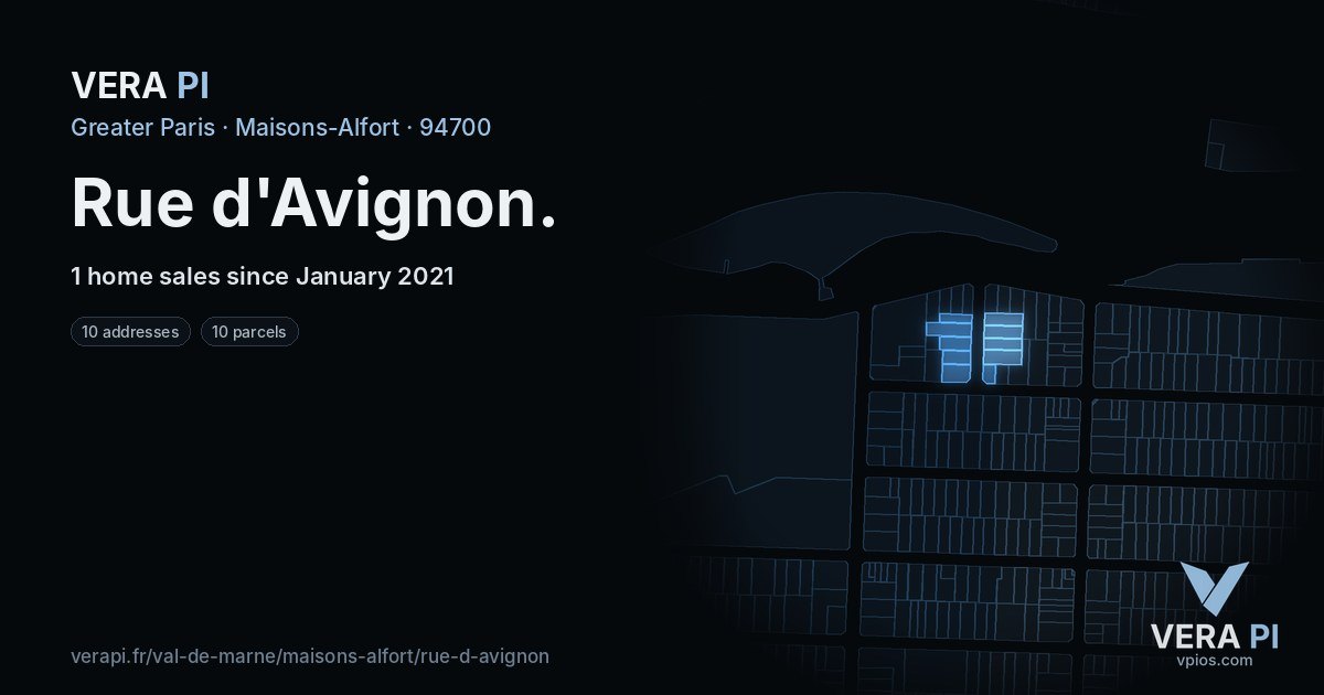 Rue d'Avignon, Maisons-Alfort at night – every parcel coloured by the prices around it, the street's own parcels lit