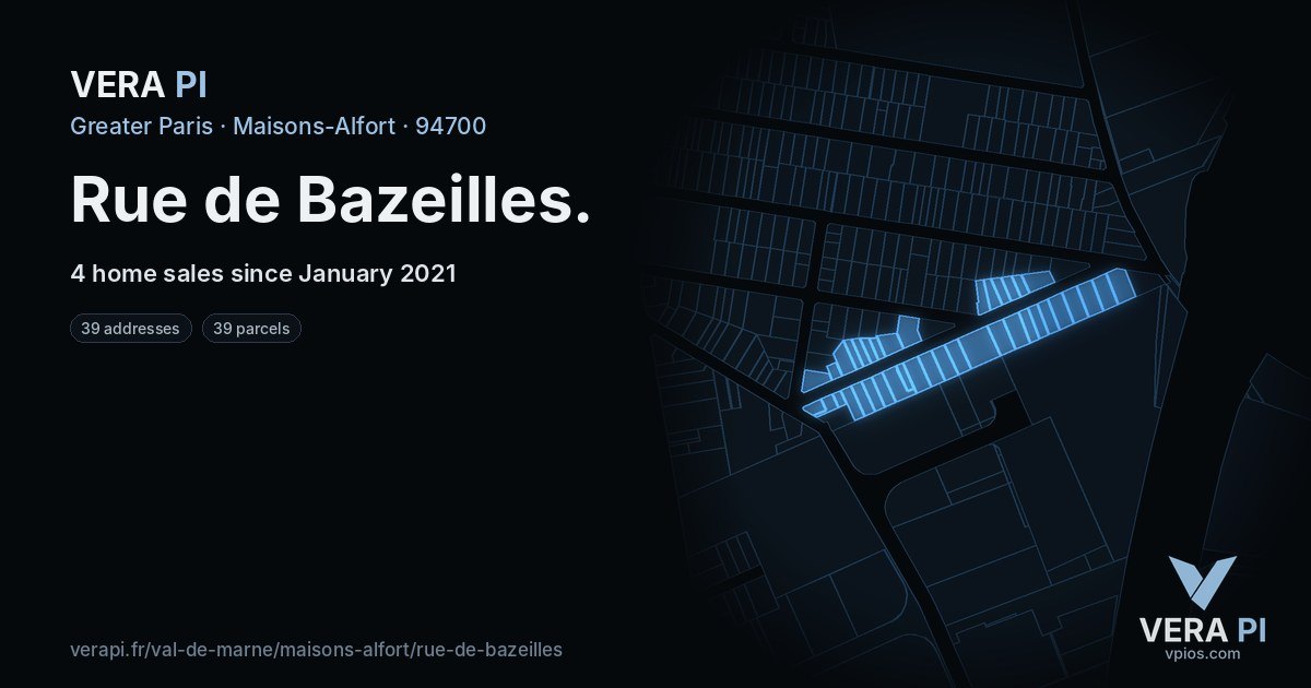 Rue de Bazeilles, Maisons-Alfort at night – every parcel coloured by the prices around it, the street's own parcels lit