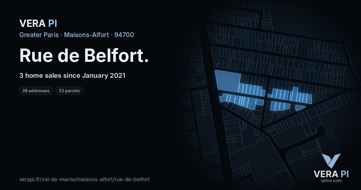 Rue de Belfort, Maisons-Alfort at night – every parcel coloured by the prices around it, the street's own parcels lit