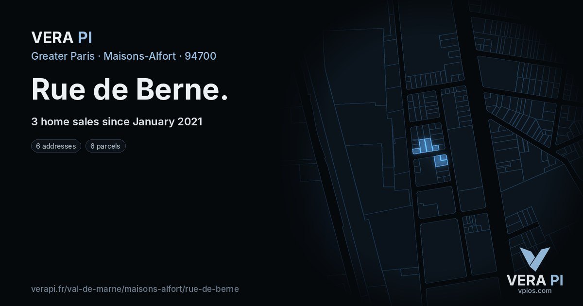 Rue de Berne, Maisons-Alfort at night – every parcel coloured by the prices around it, the street's own parcels lit