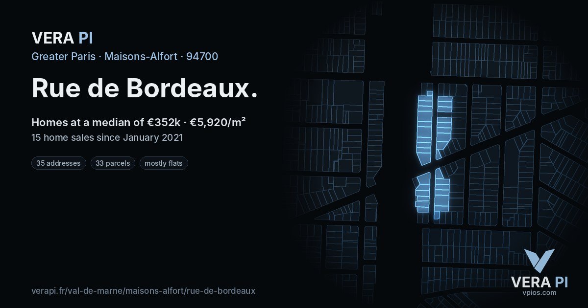 Rue de Bordeaux, Maisons-Alfort at night – every parcel coloured by the prices around it, the street's own parcels lit
