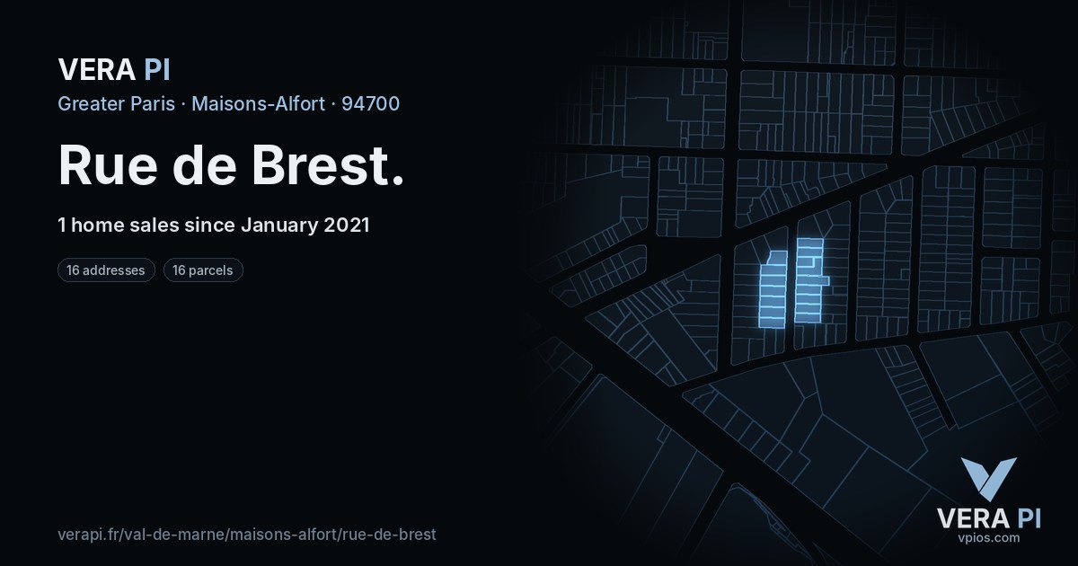 Rue de Brest, Maisons-Alfort at night – every parcel coloured by the prices around it, the street's own parcels lit