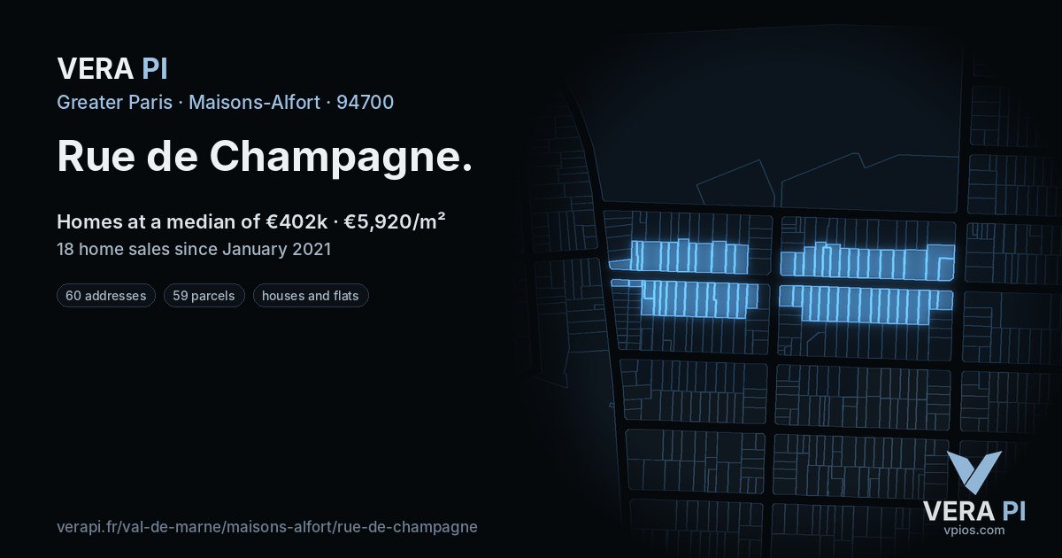 Rue de Champagne, Maisons-Alfort at night – every parcel coloured by the prices around it, the street's own parcels lit