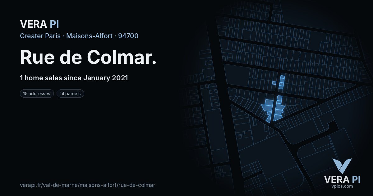 Rue de Colmar, Maisons-Alfort at night – every parcel coloured by the prices around it, the street's own parcels lit