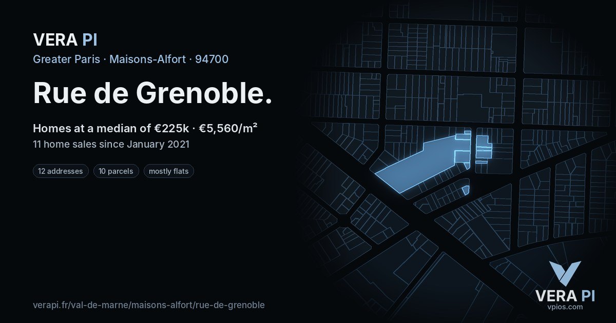 Rue de Grenoble, Maisons-Alfort at night – every parcel coloured by the prices around it, the street's own parcels lit
