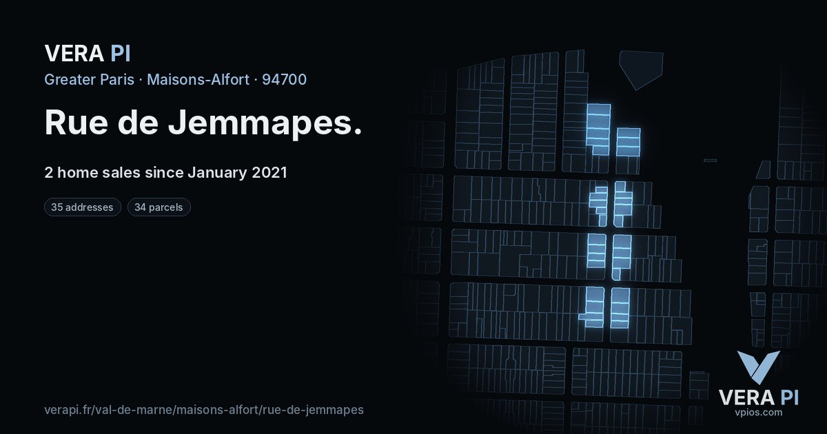 Rue de Jemmapes, Maisons-Alfort at night – every parcel coloured by the prices around it, the street's own parcels lit