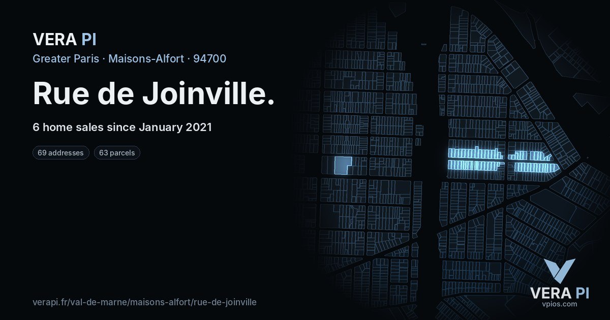Rue de Joinville, Maisons-Alfort at night – every parcel coloured by the prices around it, the street's own parcels lit