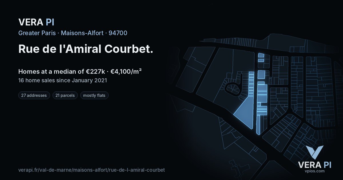 Rue de l'Amiral Courbet, Maisons-Alfort at night – every parcel coloured by the prices around it, the street's own parcels lit