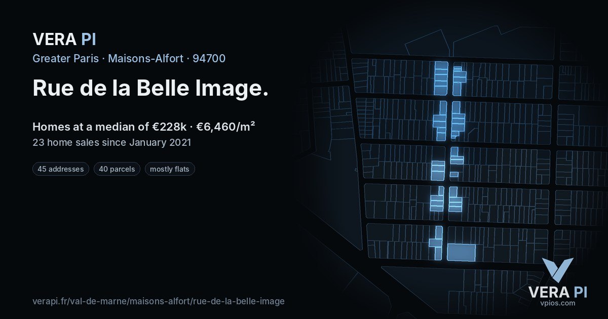 Rue de la Belle Image, Maisons-Alfort at night – every parcel coloured by the prices around it, the street's own parcels lit