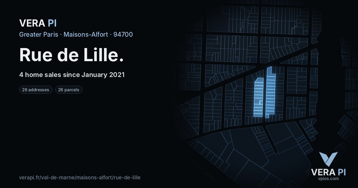 Rue de Lille, Maisons-Alfort at night – every parcel coloured by the prices around it, the street's own parcels lit