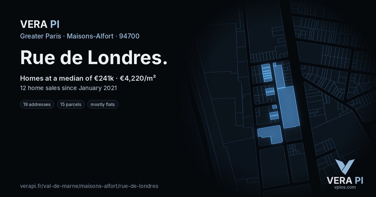 Rue de Londres, Maisons-Alfort at night – every parcel coloured by the prices around it, the street's own parcels lit