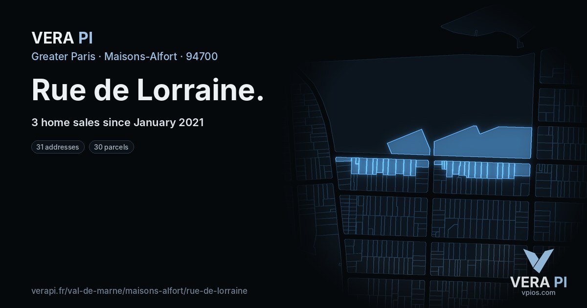 Rue de Lorraine, Maisons-Alfort at night – every parcel coloured by the prices around it, the street's own parcels lit