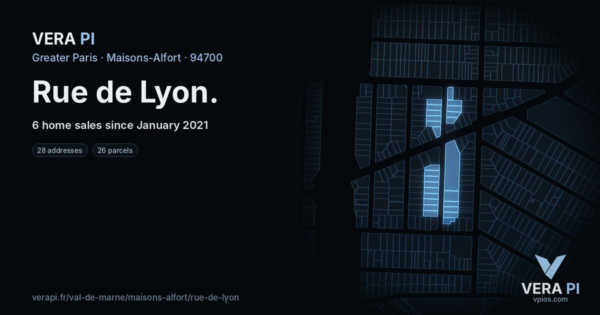 Rue de Lyon, Maisons-Alfort at night – every parcel coloured by the prices around it, the street's own parcels lit