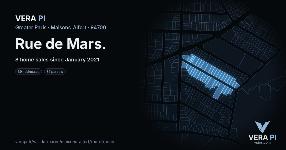Rue de Mars, Maisons-Alfort at night – every parcel coloured by the prices around it, the street's own parcels lit