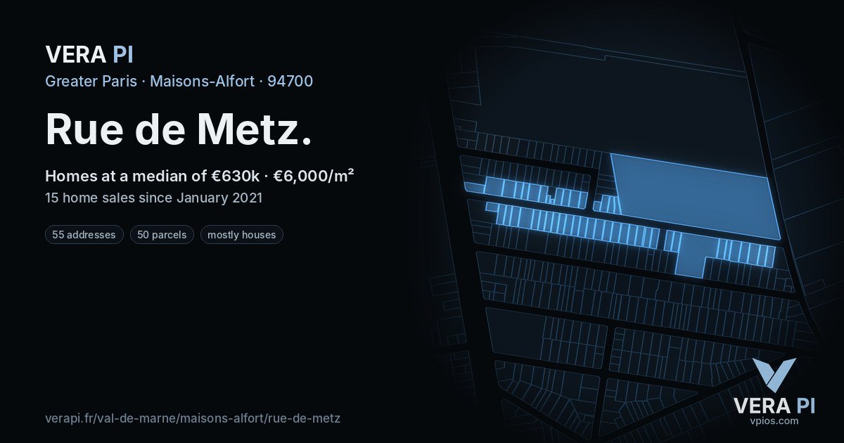 Rue de Metz, Maisons-Alfort at night – every parcel coloured by the prices around it, the street's own parcels lit