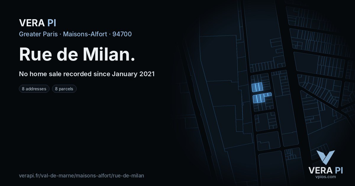 Rue de Milan, Maisons-Alfort at night – every parcel coloured by the prices around it, the street's own parcels lit