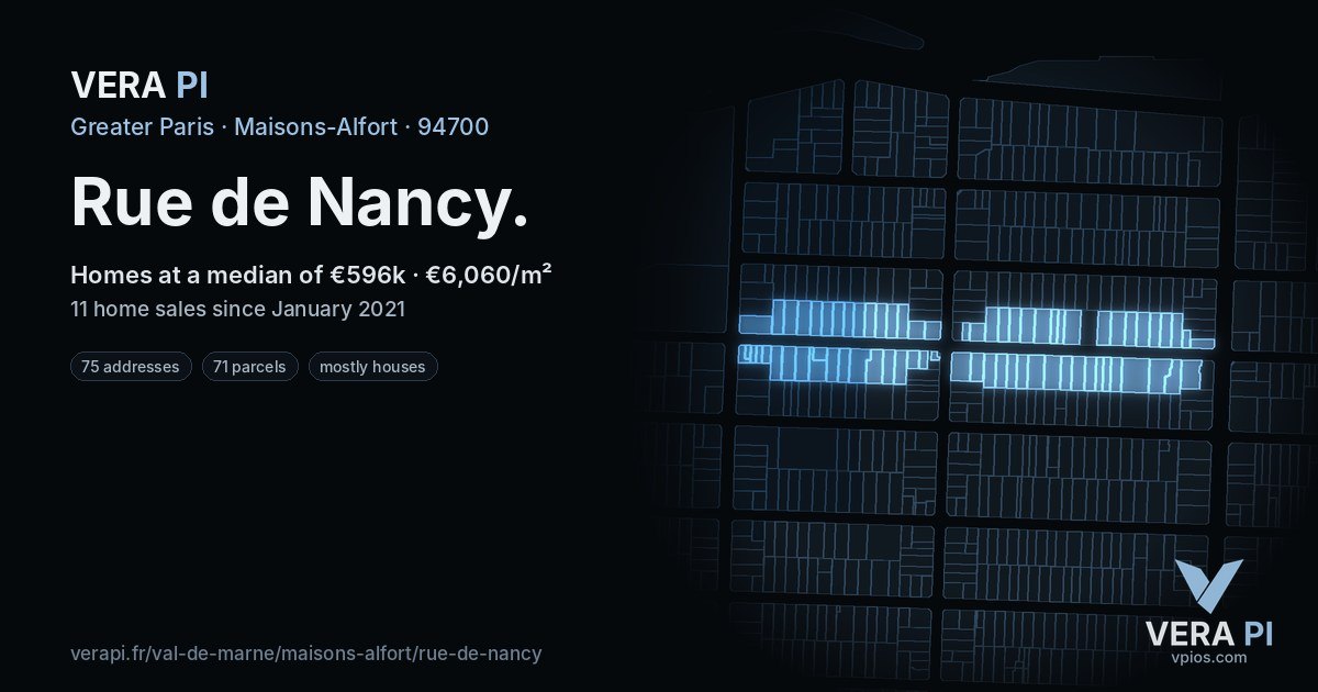 Rue de Nancy, Maisons-Alfort at night – every parcel coloured by the prices around it, the street's own parcels lit