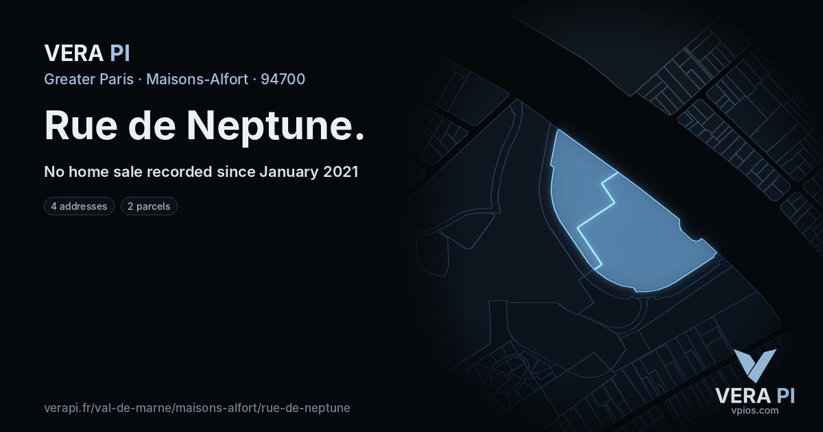 Rue de Neptune, Maisons-Alfort at night – every parcel coloured by the prices around it, the street's own parcels lit