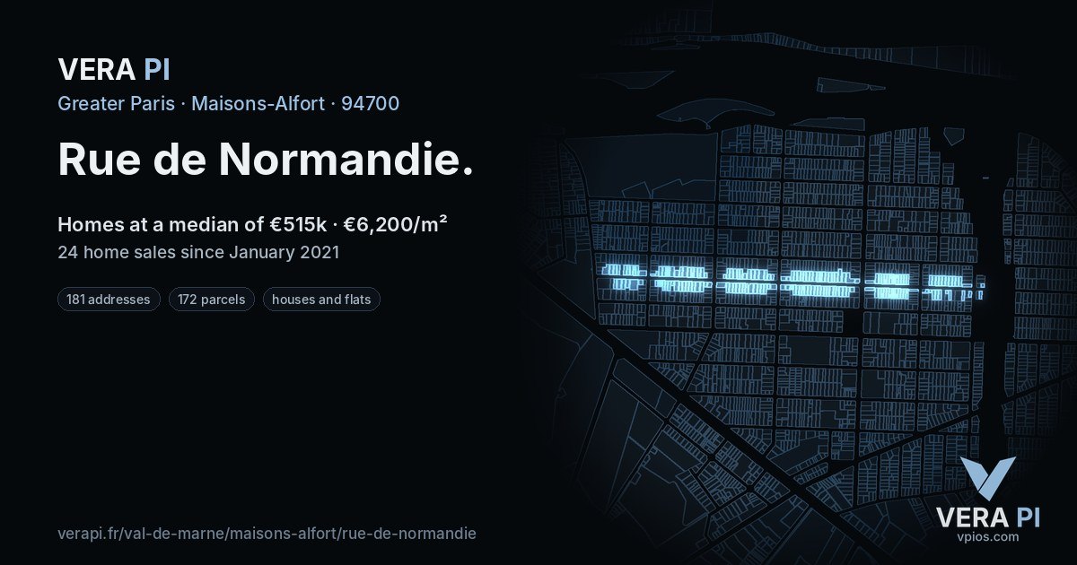 Rue de Normandie, Maisons-Alfort at night – every parcel coloured by the prices around it, the street's own parcels lit