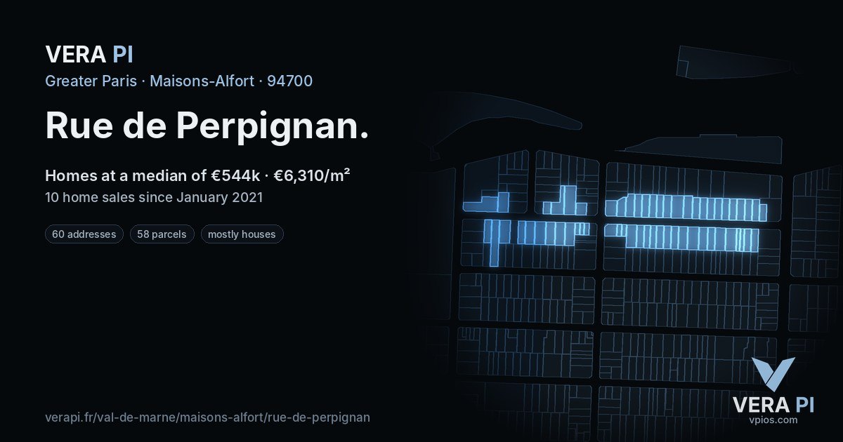Rue de Perpignan, Maisons-Alfort at night – every parcel coloured by the prices around it, the street's own parcels lit