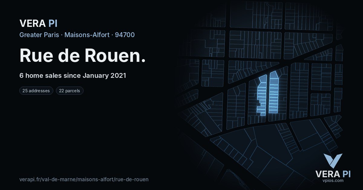 Rue de Rouen, Maisons-Alfort at night – every parcel coloured by the prices around it, the street's own parcels lit