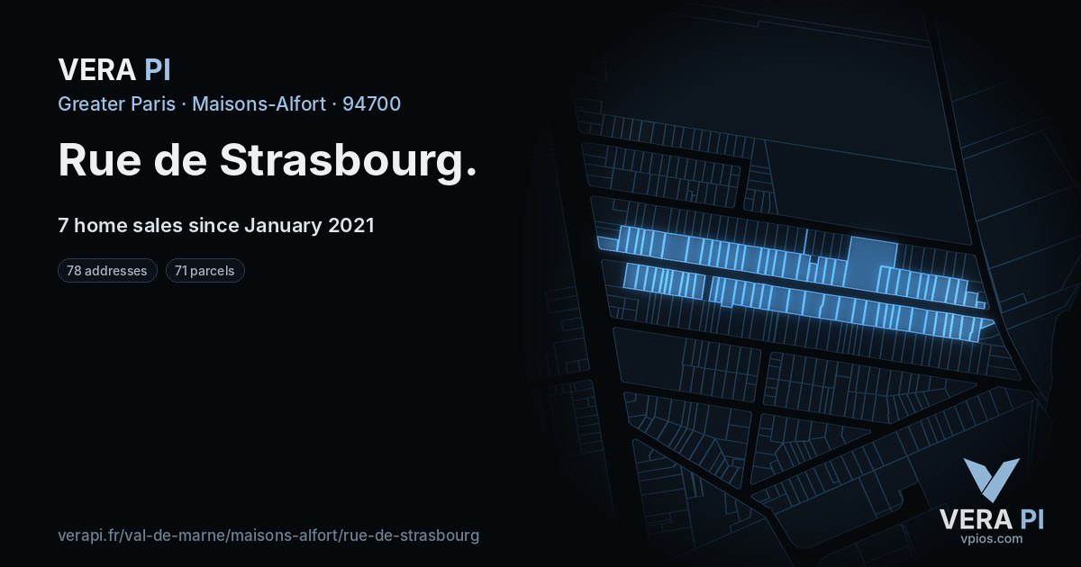 Rue de Strasbourg, Maisons-Alfort at night – every parcel coloured by the prices around it, the street's own parcels lit