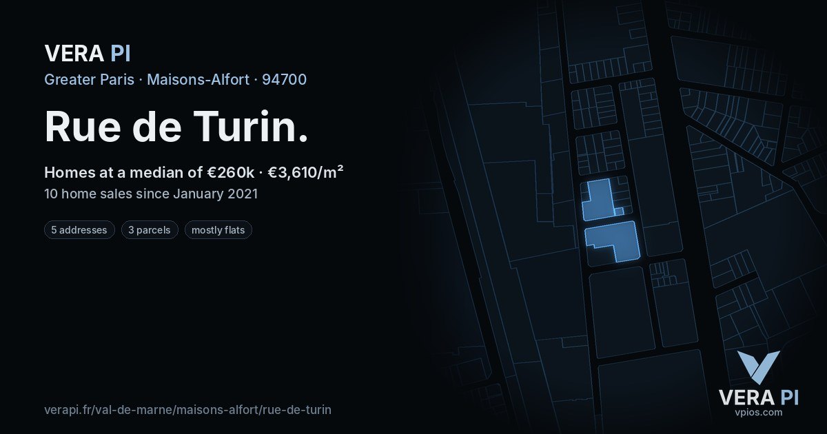 Rue de Turin, Maisons-Alfort at night – every parcel coloured by the prices around it, the street's own parcels lit