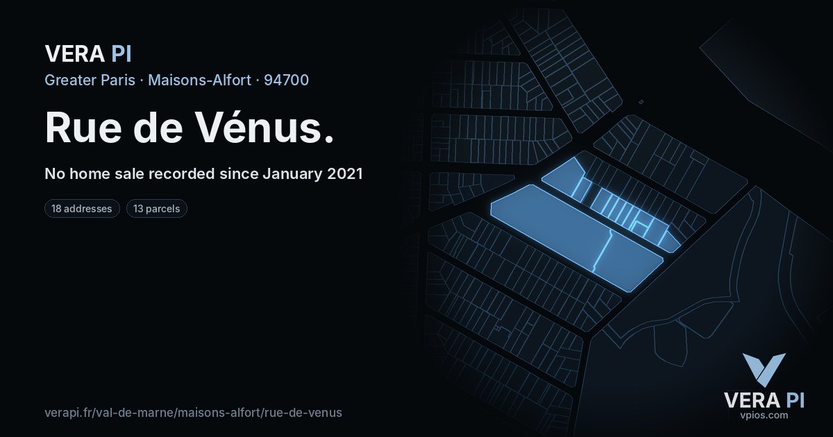 Rue de Vénus, Maisons-Alfort at night – every parcel coloured by the prices around it, the street's own parcels lit