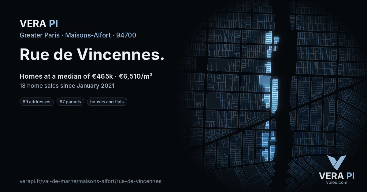 Rue de Vincennes, Maisons-Alfort at night – every parcel coloured by the prices around it, the street's own parcels lit