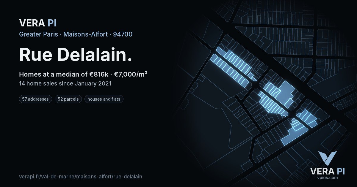 Rue Delalain, Maisons-Alfort at night – every parcel coloured by the prices around it, the street's own parcels lit
