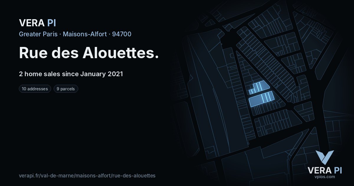 Rue des Alouettes, Maisons-Alfort at night – every parcel coloured by the prices around it, the street's own parcels lit