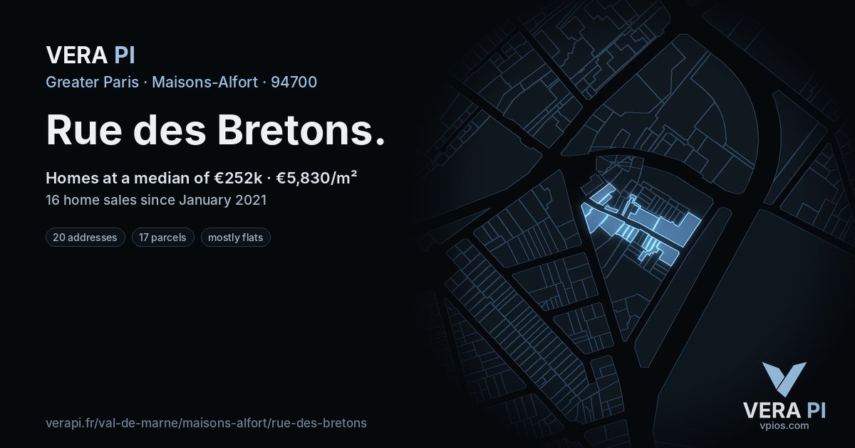 Rue des Bretons, Maisons-Alfort at night – every parcel coloured by the prices around it, the street's own parcels lit