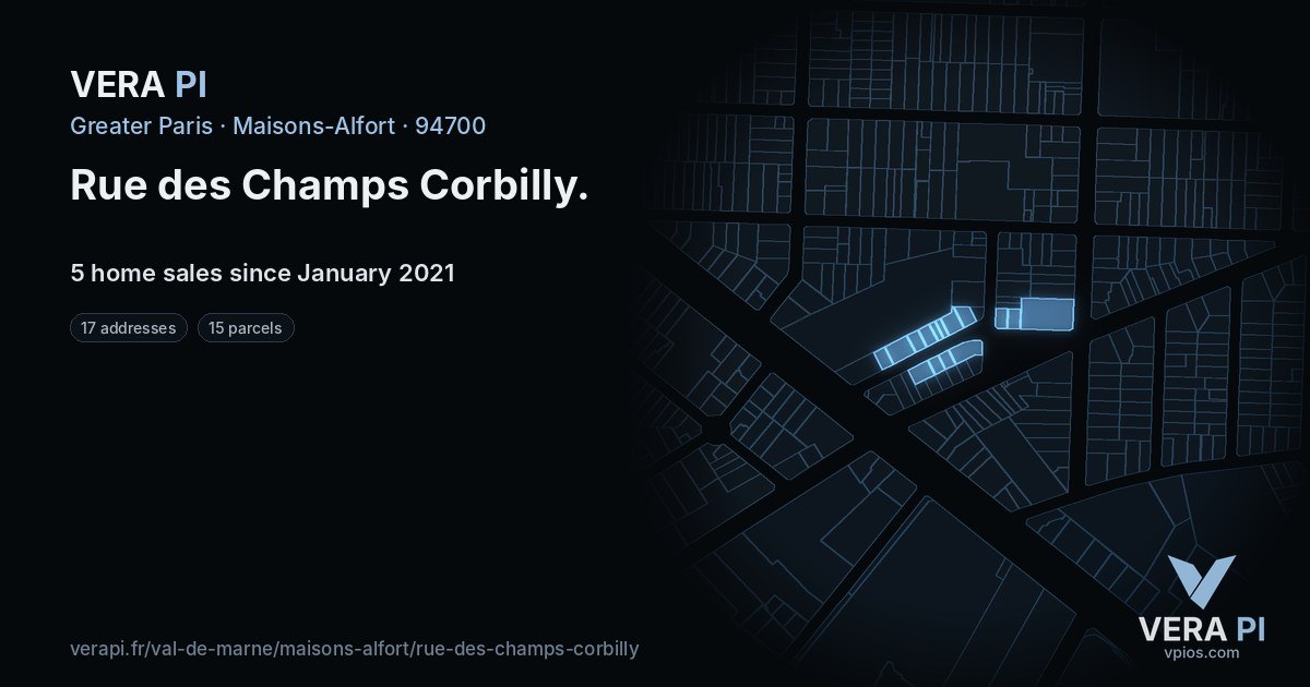Rue des Champs Corbilly, Maisons-Alfort at night – every parcel coloured by the prices around it, the street's own parcels lit