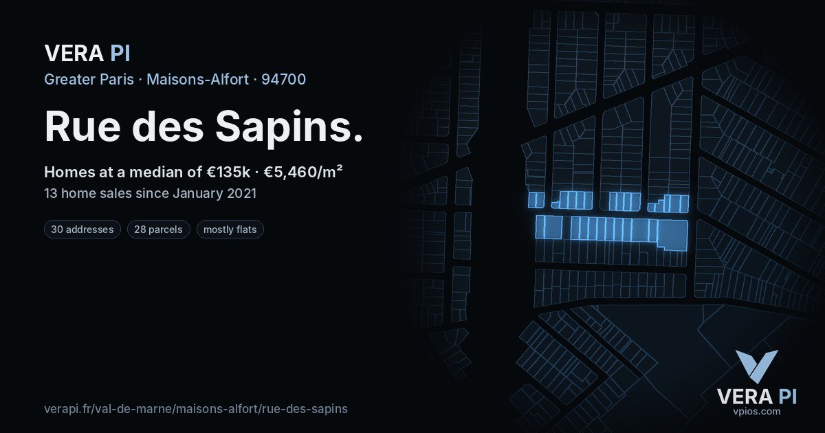 Rue des Sapins, Maisons-Alfort at night – every parcel coloured by the prices around it, the street's own parcels lit