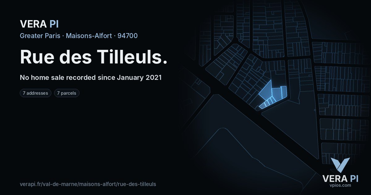 Rue des Tilleuls, Maisons-Alfort at night – every parcel coloured by the prices around it, the street's own parcels lit
