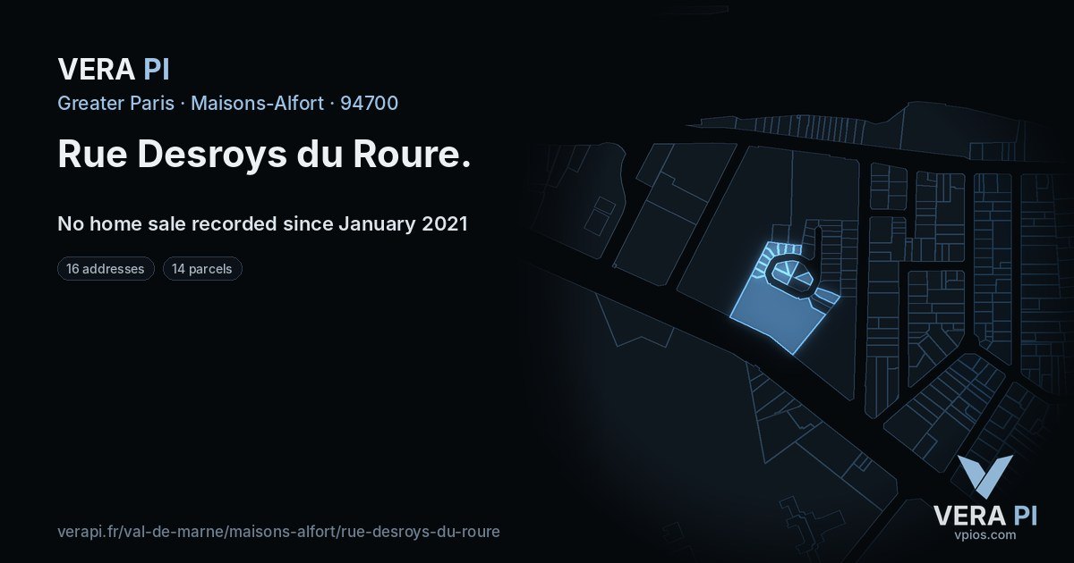 Rue Desroys du Roure, Maisons-Alfort at night – every parcel coloured by the prices around it, the street's own parcels lit