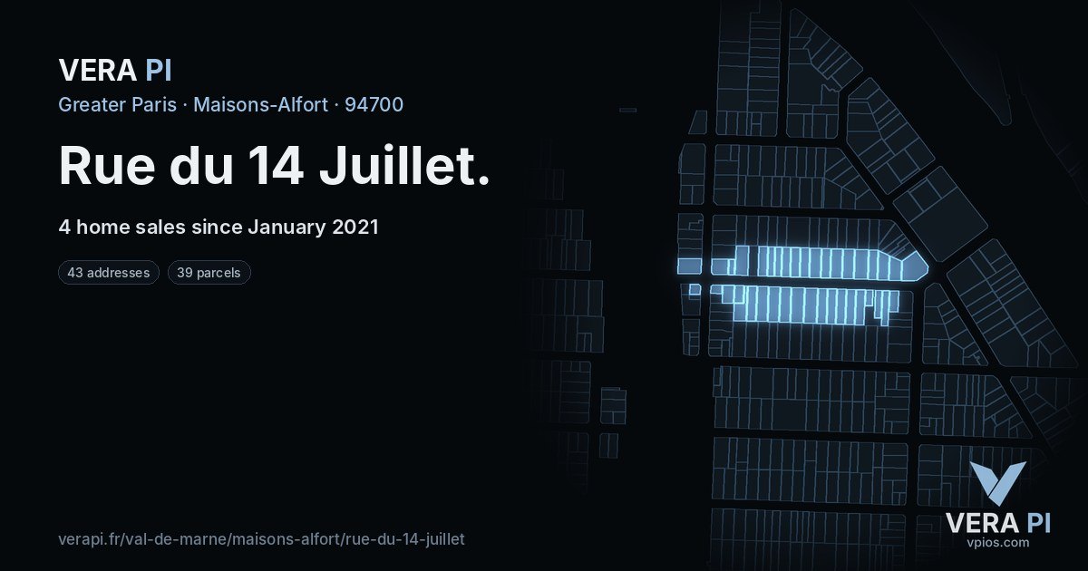 Rue du 14 Juillet, Maisons-Alfort at night – every parcel coloured by the prices around it, the street's own parcels lit